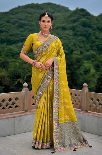 Traditional Mehendi Grey Shaded Pure Dola Viscouse Silk Saree with Embroidery, Patchwork, Cut, and Gota Patti Detailing - 7301